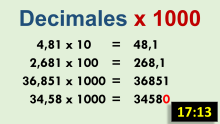 Multiplicación de  decimales por diez, cien o mil