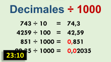 División de decimales entre diez, cien y mil